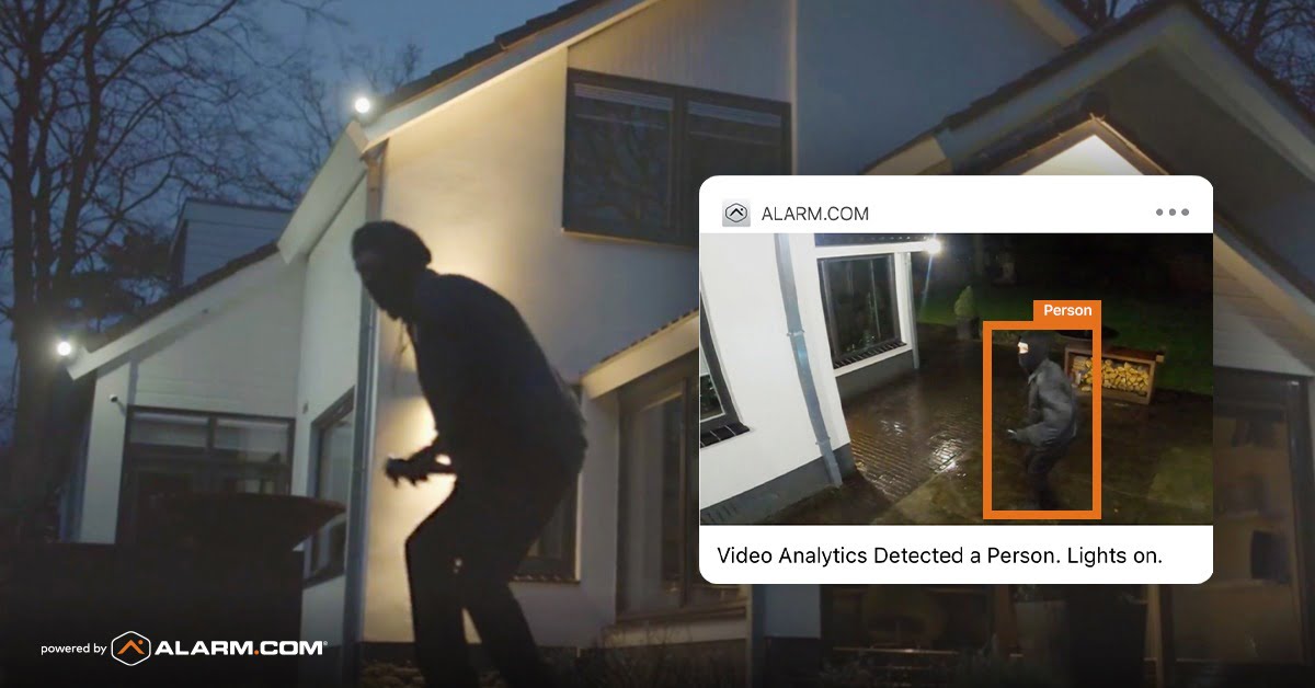 Security camera with video analytics flagging a person lurking at a home entrance at night