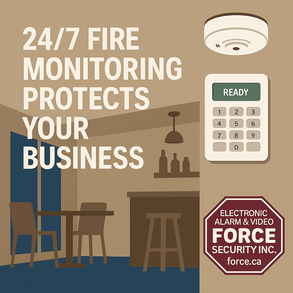 Illustration of a restaurant interior with a modern smoke detector, fire monitoring control panel, and Force Security logo with text reading 24/7 Fire Monitoring Protects Your Business