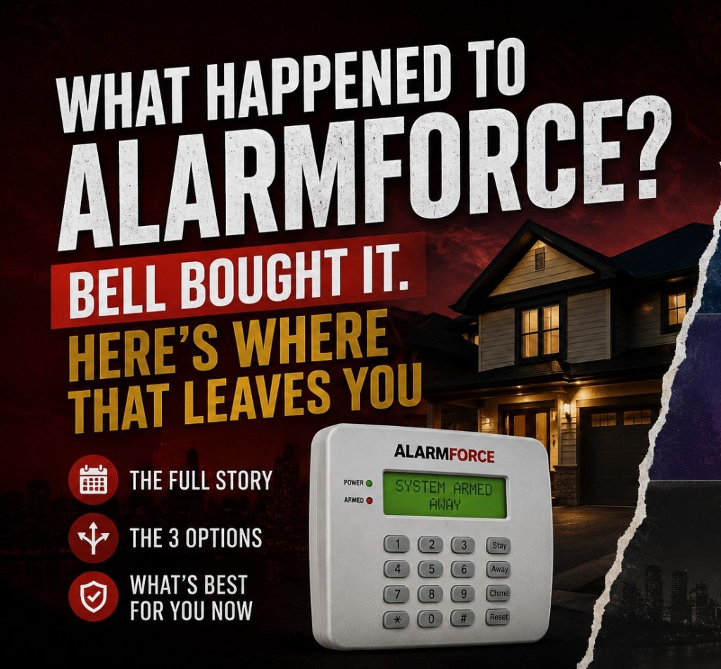 AlarmForce keypad in front of a home at night with the headline What Happened to AlarmForce, Bell bought it