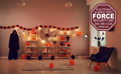 A securely lit Ontario home with Halloween decorations.